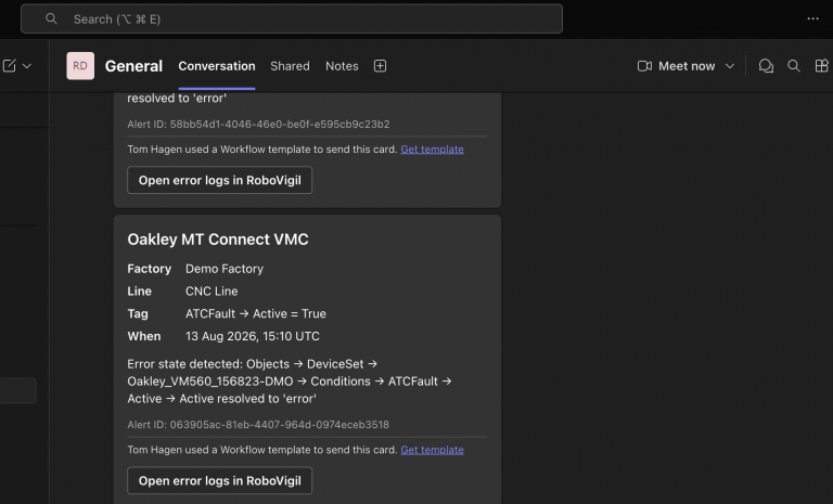 Microsoft Teams showing alerts From RoboVigil for industrial equipment
