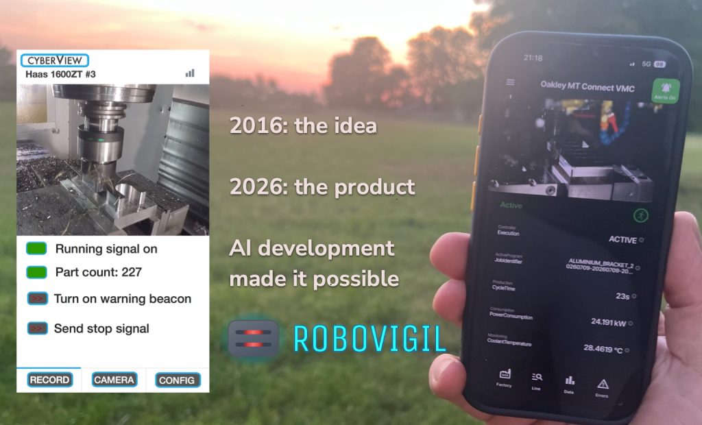 The 2016 CyberView phone mockup beside a hand holding a phone running the RoboVigil app in 2026, with the caption "2016: the idea. 2026: the product. AI development made it possible.